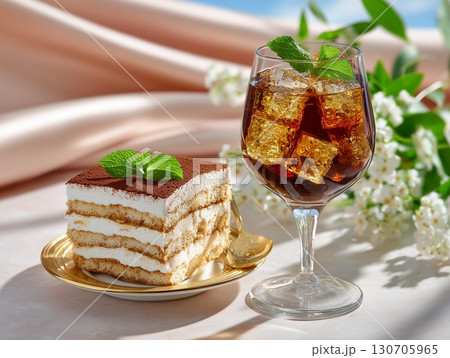 Exquisite Tiramisu Cake in Fine Dining Coffee-Infused Elegance with Mascarpone Cloud Exquisite Tiramisu Cake in Fine Dining Coffee-Infused Elegance with Mascarpone Cloud 130705965
