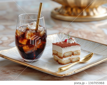 Exquisite Tiramisu Cake in Fine Dining  Coffee-Infused Elegance with Mascarpone Cloud Exquisite Tiramisu Cake in Fine Dining  Coffee-Infused Elegance with Mascarpone Cloud 130705968