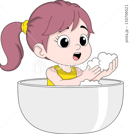 Cartoon Girl Bathing with Soap Bubbles for Hygiene Education 130706021
