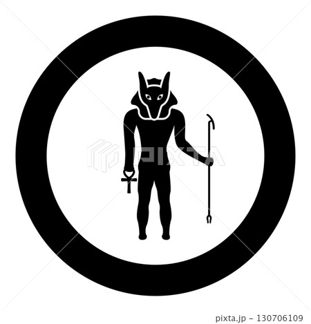 Anubis deity with jackal head ancient Egyptian god holds staff and anch cross silhouette mythical icon in circle round black color vector illustration image solid outline style 130706109