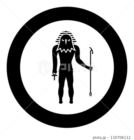 Egypt sun god deity Ra ancient with falcon head icon in circle round black color vector illustration image solid outline style 130706112