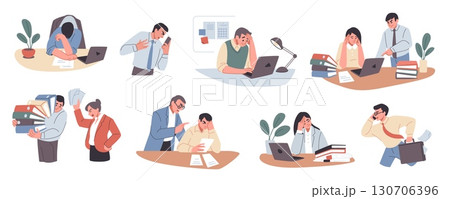 Stress at work. Office burnout. Busy anxiety or tired people. Boss shouts. Angry woman. Frustrated person at workplace. Overworked man. Lot of paperwork. Vector corporate characters set 130706396