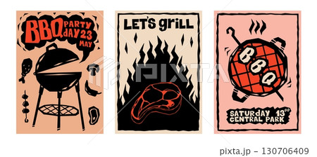 BBQ party poster. Barbeque grill invitation flyer with meat and fire flames. Beef sausage roasting sketch elements. Vintage cook steak poster. Silhouette summer picnic. Vector banner set 130706409