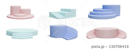 3d stairs. Podium product presentation background, platform stand or staircase, empty step, stage exhibition cylinder. Abstract studio display, showcase geometric pedestal vector isolated set 130706418