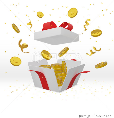Gift box. Open present. Money prize. 3D gold cash or award winner package. Big realistic surprise. Winner congratulation. Sale promotion. Golden confetti explosion. Vector holiday object Gift box. Open present. Money prize. 3D gold cash or award winner package. Big realistic surprise. Winner congratulation. Sale promotion. Golden confetti explosion. Vector holiday object 130706427