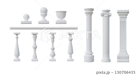 3d column. Roman stone pillar, white sculpture for marble castle or greek temple rail, fence. Building base, classic colonnade stair. Vector decorative architectural isolated elements set 130706435
