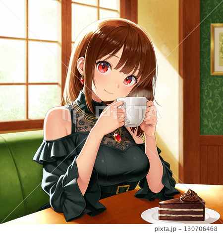 カフェでコーヒーを飲みながら、おしゃべりしている女性（AI生成画像） 130706468
