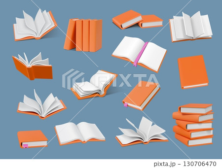 Open books. 3d floating knowledge, publication reading or history paper with bookmark, closed with hardcover. Education and knowledge symbol. Encyclopedia and dictionary. Render vector icons 130706470