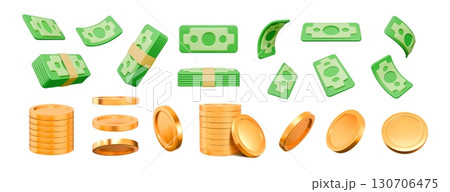 3d money, cash bill or coin stack, fly paper dollar currency bundle. Economy bank sign, finance debt win. Financial economic. Jackpot game win prize, bank sign, vector render cartoon icons set 3d money, cash bill or coin stack, fly paper dollar currency bundle. Economy bank sign, finance debt win. Financial economic. Jackpot game win prize, bank sign, vector render cartoon icons set 130706475