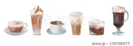 Coffee drinks. Cafe barista menu. Ice beverage cup. Hot latte glass. Cold frappe. Espresso or milk foam cappuccino. Watercolor caffeine americano. Vector restaurant isolated icons set Coffee drinks. Cafe barista menu. Ice beverage cup. Hot latte glass. Cold frappe. Espresso or milk foam cappuccino. Watercolor caffeine americano. Vector restaurant isolated icons set 130706477