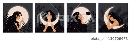 Woman hair. Witch planet drawing. Mystery night sky space. Modern abstract sleep universe art. Girls dream. Midnight crescent. Esoteric astrology. Female face. Vector mystic posters set 130706478