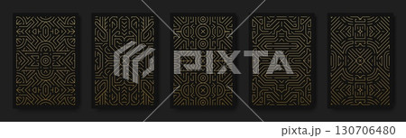Art deco pattern. Tarot magic card. Mystic geometric engraving texture. Gatsby deck. Premium ornament. Classic foil ornament print. Gold line shape motif. Vector abstract backgrounds set 130706480
