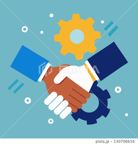 Handshake with gear wheels business image. Flat vector illustration. 130706658