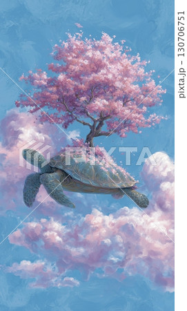 Turtle Carrying Cherry Blossoms in Sky 130706751