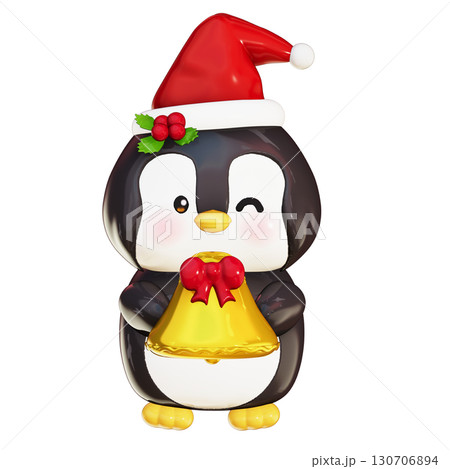3D Cute Penguin Christmas Penguin with Santa Hat Holding Golden Bell on Transparent Background 130706894