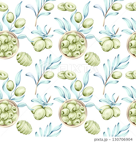 Seamless pattern of olives and olive oil in watercolor style capturing the essence of Italian cuisine nature and healthy eating for background and wallpaper use 130706904