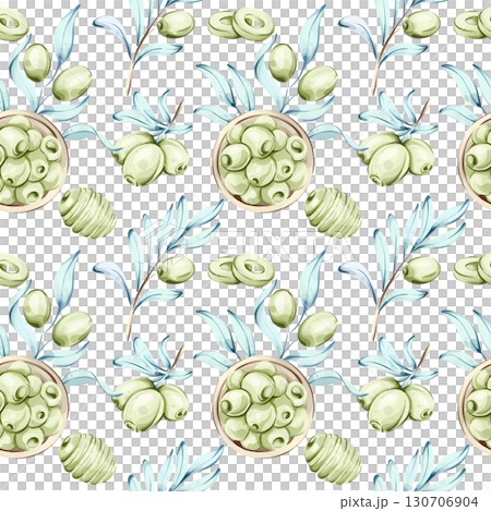 Seamless pattern of olives and olive oil in watercolor style capturing the essence of Italian cuisine nature and healthy eating for background and wallpaper use 130706904