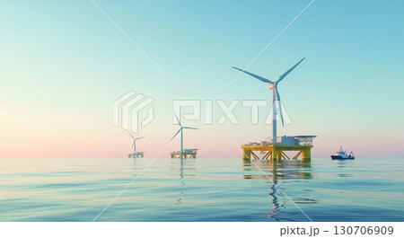 再生可能エネルギーを象徴する洋上風力発電の風景 再生可能エネルギーを象徴する洋上風力発電の風景 130706909