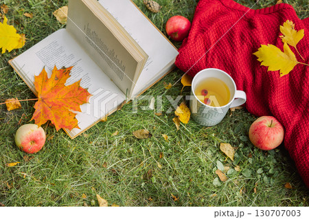 Autumn composition on light nature background. Open book, cup of hot tea and cozy sweater on autumn grass with leaves in park. Top view. High quality photo 130707003