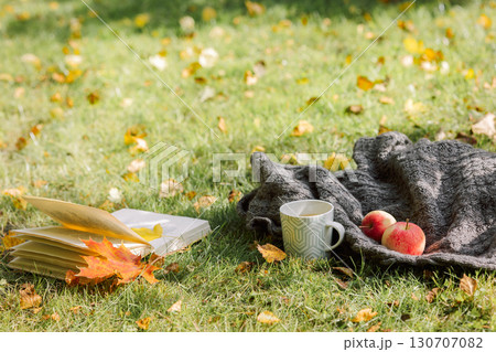 Autumn composition on light nature background. Open book, cup of hot tea and cozy sweater on autumn grass with leaves in park. High quality photo Autumn composition on light nature background. Open book, cup of hot tea and cozy sweater on autumn grass with leaves in park. High quality photo 130707082