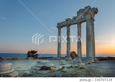 Panoramic view of ruins of ancient Temple of Apollo in Side at dawn, Alanya province, Turkey. Ruined old city. Unesco Cultural Heritage Monument. High quality photo Panoramic view of ruins of ancient Temple of Apollo in Side at dawn, Alanya province, Turkey. Ruined old city. Unesco Cultural Heritage Monument. High quality photo 130707119