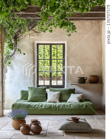 A cozy, sunlit outdoor courtyard with stone walls covered in ivy, furnished with comfortable seating, small tables, and a green velvet sofa, creating a tranquil retreat. 130707579