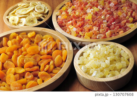 Dried and candied fruits in wooden bowls 130707608