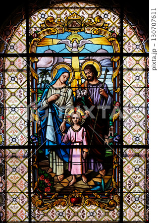 Holy Family, stained glass window in the Parish Church of the Visitation of the Virgin Mary in Zagreb, Croatia Holy Family, stained glass window in the Parish Church of the Visitation of the Virgin Mary in Zagreb, Croatia 130707611