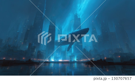 Floating Whale Over Futuristic City 130707657