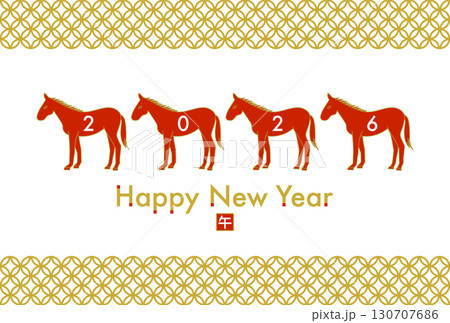 2026年午年の年賀状イラスト（4頭の赤い馬と和柄フレーム） 130707686