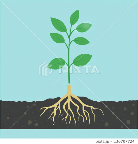 Illustration of a young green seedling with a long stem, showing its extensive roots growing in a mound of rich brown soil against a light blue background. 130707724