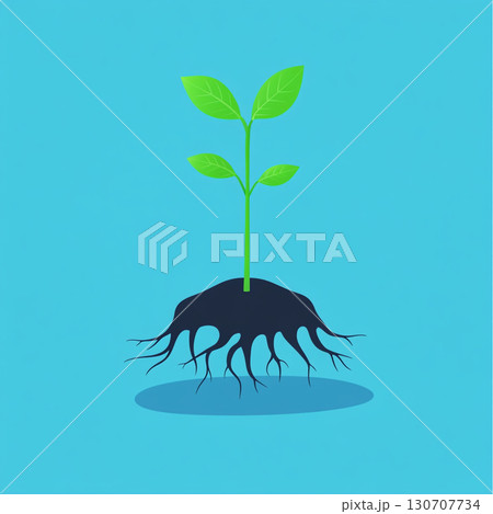 Illustration of a young green seedling with a long stem, showing its extensive roots growing in a mound of rich brown soil against a light blue background. Illustration of a young green seedling with a long stem, showing its extensive roots growing in a mound of rich brown soil against a light blue background. 130707734