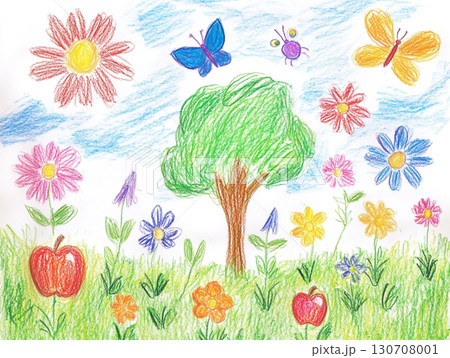 A bright and cheerful children's drawing showing a vibrant meadow with a tree, colorful flowers, butterflies, and a big sun in the blue sky. It captures a pure and happy view of nature. A bright and cheerful children's drawing showing a vibrant meadow with a tree, colorful flowers, butterflies, and a big sun in the blue sky. It captures a pure and happy view of nature. 130708001