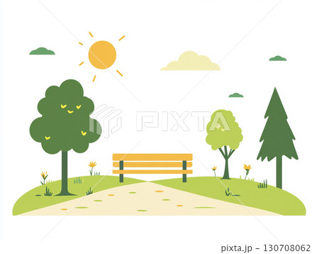 A cartoon illustration of a serene park landscape with a bench in the center. The scene is bright, with various stylized trees, flowers, and the sun shining overhead, creating a peaceful outdoor setti A cartoon illustration of a serene park landscape with a bench in the center. The scene is bright, with various stylized trees, flowers, and the sun shining overhead, creating a peaceful outdoor setti 130708062