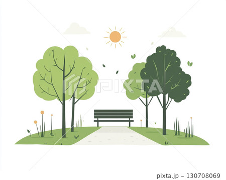 A cartoon illustration of a serene park landscape with a bench in the center. The scene is bright, with various stylized trees, flowers, and the sun shining overhead, creating a peaceful outdoor setti 130708069
