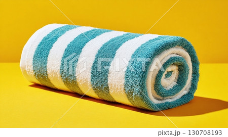 A rolled-up towel with blue and white stripes, poised on a bright yellow surface, ready for beach days or poolside lounging. Soft texture invites relaxation. 130708193
