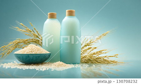 Rice-infused skincare: Two elegant bottles accompanied by rice grains and wheat stalks against a soft blue background, symbolizing natural beauty and nourishment. 130708232