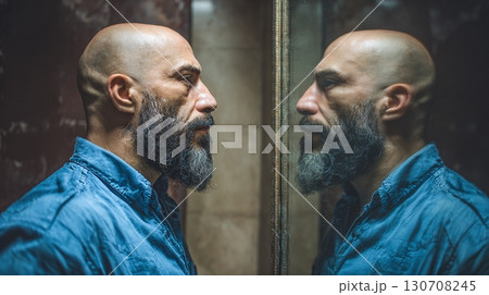 Man gazing intensely into a mirror, introspection and self-reflection. Bald head, beard, deep in thought, a serious expression. Denim shirt. Portrait. 130708245