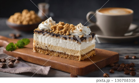 Decadent dessert slice with layers of creamy filling, topped with whipped cream and crumbles, served with a cup of coffee. A sweet indulgence. Decadent dessert slice with layers of creamy filling, topped with whipped cream and crumbles, served with a cup of coffee. A sweet indulgence. 130708316