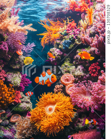 A vibrant underwater scene featuring colorful coral reefs, various species of fish including clownfish, and anemones, showcasing the diversity and beauty of marine life. 130708329