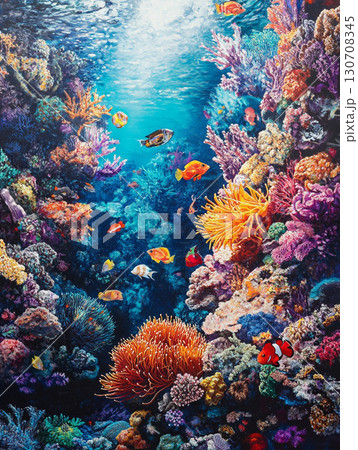 A vibrant underwater scene featuring colorful coral reefs, various species of fish including clownfish, and anemones, showcasing the diversity and beauty of marine life. 130708345