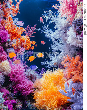 A vibrant underwater scene featuring colorful coral reefs, various species of fish including clownfish, and anemones, showcasing the diversity and beauty of marine life. 130708353