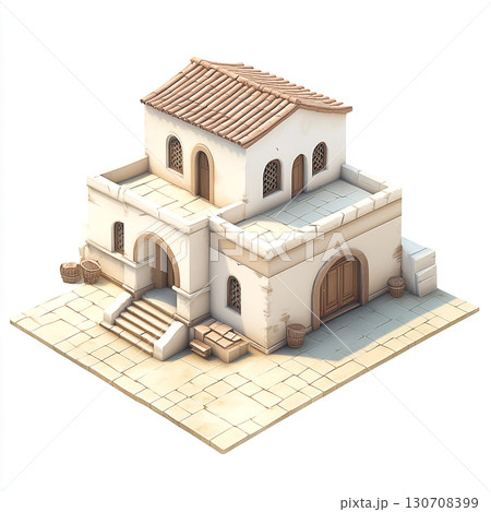 A Mediterranean-style house with white walls, red-tiled roofs, arched windows, and doors, surrounded by greenery and a paved driveway. Isolated on white background. A Mediterranean-style house with white walls, red-tiled roofs, arched windows, and doors, surrounded by greenery and a paved driveway. Isolated on white background. 130708399