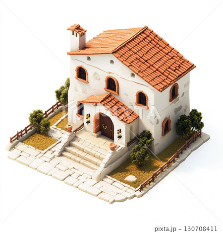 A Mediterranean-style house with white walls, red-tiled roofs, arched windows, and doors, surrounded by greenery and a paved driveway. Isolated on white background.  130708411