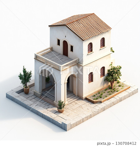 A Mediterranean-style house with white walls, red-tiled roofs, arched windows, and doors, surrounded by greenery and a paved driveway. Isolated on white background. A Mediterranean-style house with white walls, red-tiled roofs, arched windows, and doors, surrounded by greenery and a paved driveway. Isolated on white background. 130708412