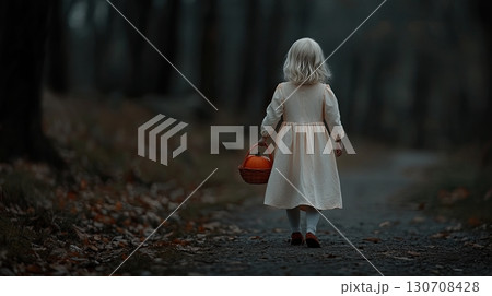 Child in Halloween costume walking in autumn forest 130708428