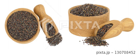 black quinoa in wooden bowl isolated on white background. Top view. Flat lay black quinoa in wooden bowl isolated on white background. Top view. Flat lay 130708452