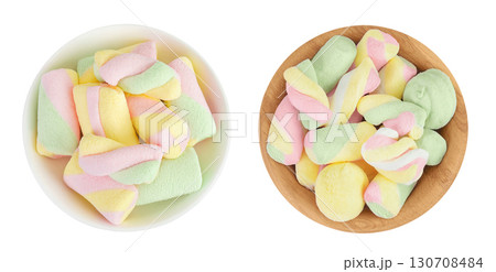 Colorful mini marshmallows in ceramic bowl isolated on white background with full depth of field. Top view. Flat lay Colorful mini marshmallows in ceramic bowl isolated on white background with full depth of field. Top view. Flat lay 130708484