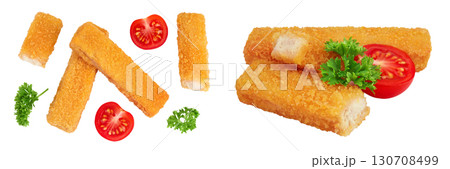Fish finger or stick isolated on white background with full depth of field. Top view. Flat lay. Fish finger or stick isolated on white background with full depth of field. Top view. Flat lay. 130708499