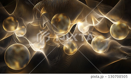 A series of gold spheres are floating in a dark background 130708505